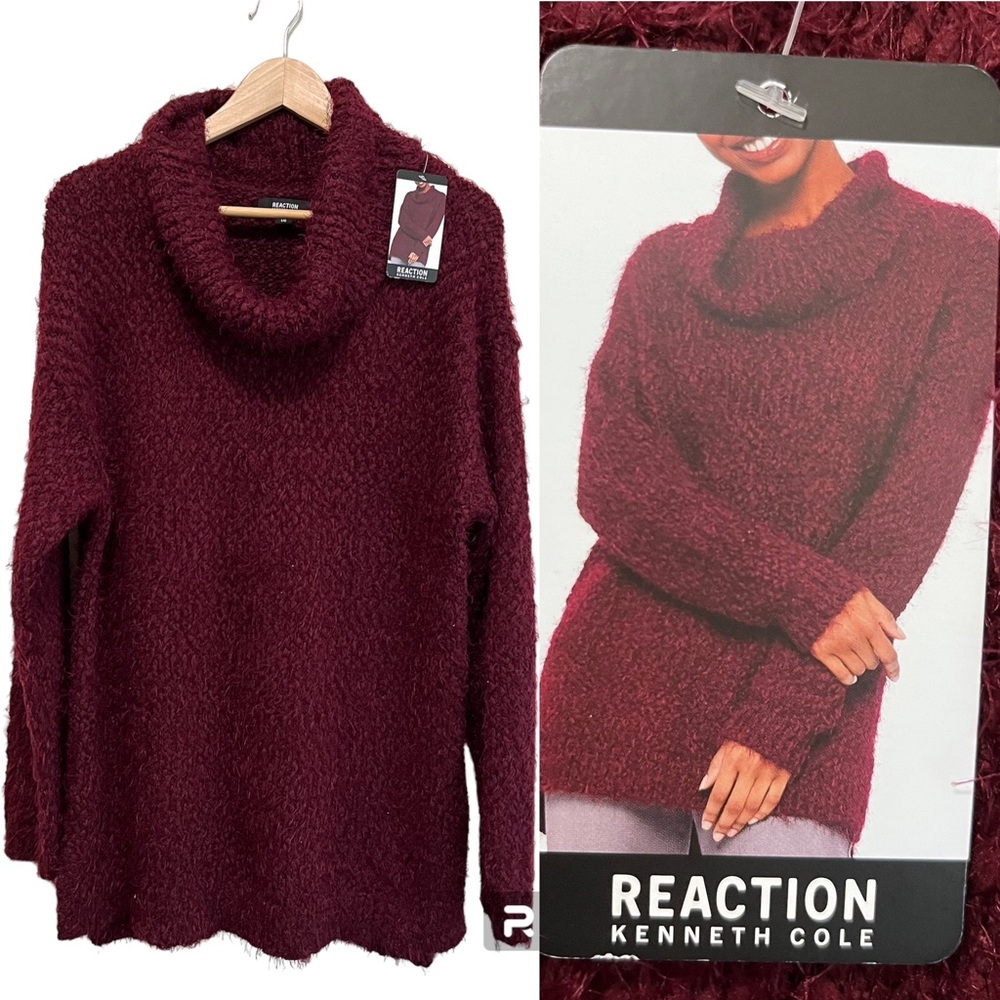 NWT Reaction Kenneth Cole Sweater - Soft Fuzzy Burgundy Cowl Neck - Size L